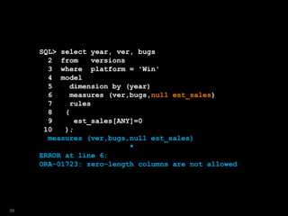 SQL> select year, ver, bugs
2 from versions
3 where platform = 'Win'
4 model
5 dimension by (year)
6 measures (ver,bugs,null est_sales)
7 rules
8 (
9 est_sales[ANY]=0
10 );
measures (ver,bugs,null est_sales)
*
ERROR at line 6:
ORA-01723: zero-length columns are not allowed
98
 