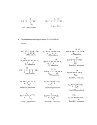 H3C O
H2
C
H2
C CH 3
etil propil eter
H3C O
H
C CH 3
etil isopropil eter
CH 3
4. Gambarkan rumus bangun isomer 2,4 heksadiena.
Jawab :
3 metil 1,3 pentadiena
H3C C
H
C
H
C
H
C
H
CH3
2,4 heksadiena
H2C C C
H
C
H
CH3
2 metil 2,4 pentadiena
CH3
H2C C
H
C C
H
CH3
CH3
3 metil 2,4 pentadiena
H2C C
H
H2
C C
H
C
H
CH3
1,4 heksadiena
H2C C
H
H2
C C
CH2
2 metil 1,4 pentadiena
CH3
H2C C
H
H
C C
H
CH2
3 metil 1,4 pentadiena
CH3
CH3
H2
C C
H
C C
H
CH3
2,3 heksadiena
H2C C
H
C
H
C
H
H2
C CH3
1,3 heksadiena
H2C C
H
H2
C
H2
C C
H
CH2
1,5 heksadiena
H3C C C C
H
CH3
2 metil 2,3 pentadiena
CH3
H2C C
H
C C
H
CH3
CH3
CH2 C
H
H2
C C
H
C
H
CH3
2,5 heksadiena
H2C C C
H
H2
C
H2
C CH3
1,2 heksadiena
H2C C C
H2
C CH3
3 metil 1,2 pentadiena
CH3
H2C C C
H
H
C CH3
4 metil 1,2 pentadiena
H3C
 