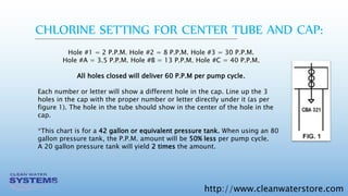 http://www.cleanwaterstore.com
CHLORINE SETTING FOR CENTER TUBE AND CAP:
Hole #1 = 2 P.P.M. Hole #2 = 8 P.P.M. Hole #3 = 30 P.P.M.
Hole #A = 3.5 P.P.M. Hole #B = 13 P.P.M. Hole #C = 40 P.P.M.
All holes closed will deliver 60 P.P.M per pump cycle.
Each number or letter will show a different hole in the cap. Line up the 3
holes in the cap with the proper number or letter directly under it (as per
figure 1). The hole in the tube should show in the center of the hole in the
cap.
*This chart is for a 42 gallon or equivalent pressure tank. When using an 80
gallon pressure tank, the P.P.M. amount will be 50% less per pump cycle.
A 20 gallon pressure tank will yield 2 times the amount.
 