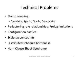 Technical Problems
• Stamp coupling
   – Simulator, Agents, Oracle, Comparator
• Re-factoring rule relationships, Prolog limitations
• Configuration hassles
• Scale-up constraints
• Distributed schedule brittleness
• Horn Clause Shock Syndrome

                    Model-Based Testing: What, Why, How   27
 