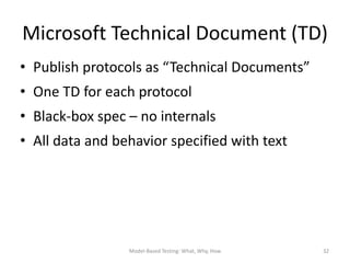 Microsoft Technical Document (TD)
• Publish protocols as “Technical Documents”
• One TD for each protocol
• Black-box spec – no internals
• All data and behavior specified with text




                 Model-Based Testing: What, Why, How   32
 