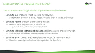 13
The 3D model is the “single source” of product development truth
• Eliminate lost time and effort creating 2D drawings
– All information is defined in the 3D model, additional effort to create 2D drawings
• Eliminate rework and out of synch information
– 3D model is the “single source” of information
• e.g., manufacturing information, tolerances, GD&T
• Eliminate the need to track and manage additional assets and information
– All information is contained and managed within the 3D model
• Eliminate errors due to miss-interpretation and poor communication
– 3D models are easily visualized and interrogated on the shop floor
MBD ELIMINATES PROCESS INEFFICIENCY
 