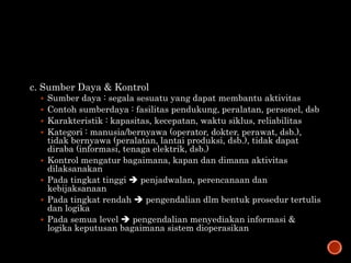 c. Sumber Daya & Kontrol
 Sumber daya : segala sesuatu yang dapat membantu aktivitas
 Contoh sumberdaya : fasilitas pendukung, peralatan, personel, dsb
 Karakteristik : kapasitas, kecepatan, waktu siklus, reliabilitas
 Kategori : manusia/bernyawa (operator, dokter, perawat, dsb.),
tidak bernyawa (peralatan, lantai produksi, dsb.), tidak dapat
diraba (informasi, tenaga elektrik, dsb.)
 Kontrol mengatur bagaimana, kapan dan dimana aktivitas
dilaksanakan
 Pada tingkat tinggi  penjadwalan, perencanaan dan
kebijaksanaan
 Pada tingkat rendah  pengendalian dlm bentuk prosedur tertulis
dan logika
 Pada semua level  pengendalian menyediakan informasi &
logika keputusan bagaimana sistem dioperasikan
 