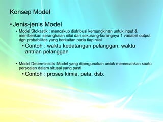 Konsep Model
•Jenis-jenis Model
• Model Stokastik : mencakup distribusi kemungkinan untuk input &
memberikan serangkaian nilai dari sekurang-kurangnya 1 variabel output
dgn probabilitas yang berkaitan pada tiap nilai
• Contoh : waktu kedatangan pelanggan, waktu
antrian pelanggan
• Model Deterministik :Model yang dipergunakan untuk memecahkan suatu
persoalan dalam situsai yang pasti
• Contoh : proses kimia, peta, dsb.
 
