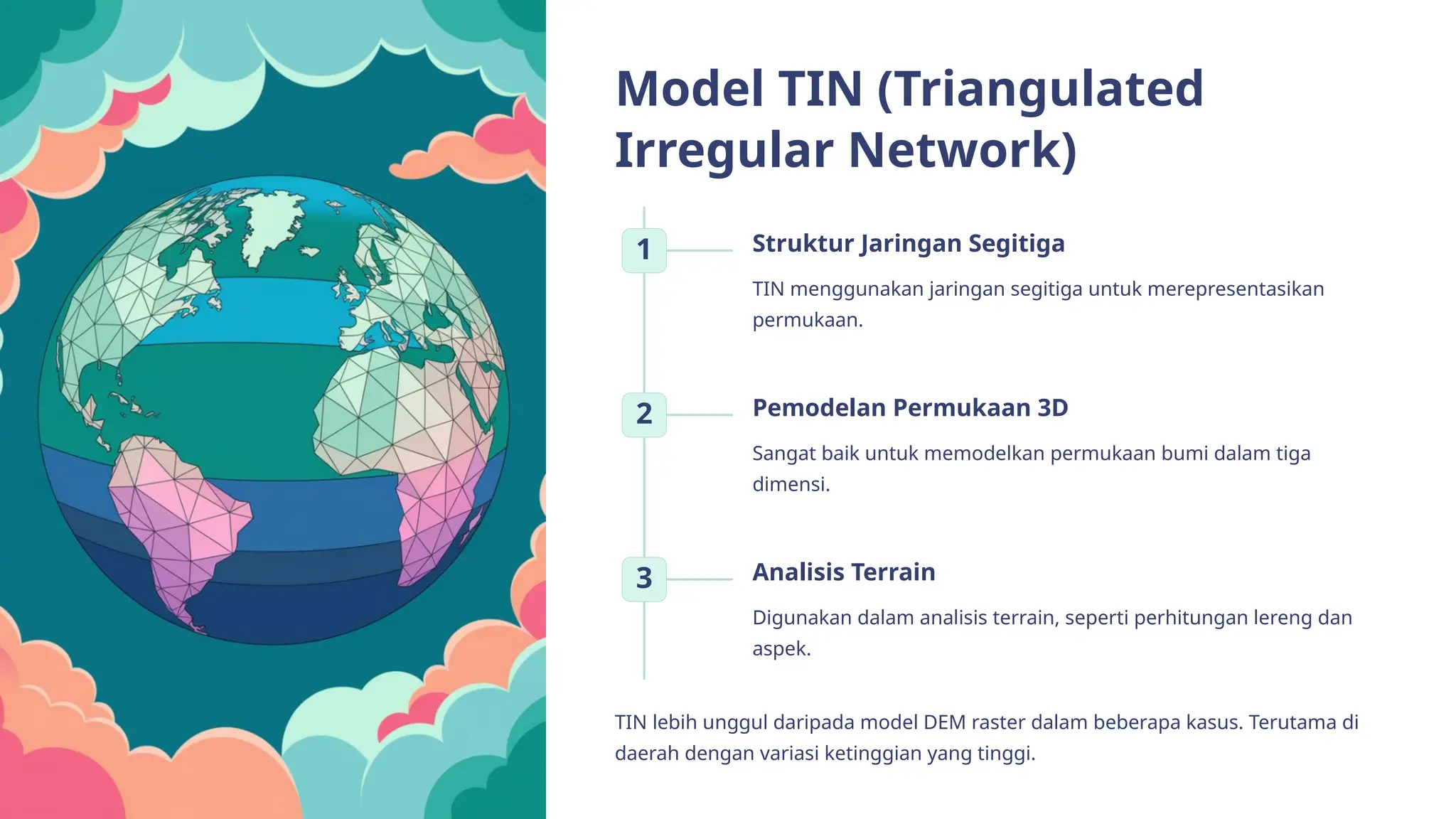 Model TIN (Triangulated
Irregular Network)
1 Struktur Jaringan Segitiga
TIN menggunakan jaringan segitiga untuk merepresentasikan
permukaan.
2 Pemodelan Permukaan 3D
Sangat baik untuk memodelkan permukaan bumi dalam tiga
dimensi.
3 Analisis Terrain
Digunakan dalam analisis terrain, seperti perhitungan lereng dan
aspek.
TIN lebih unggul daripada model DEM raster dalam beberapa kasus. Terutama di
daerah dengan variasi ketinggian yang tinggi.
 