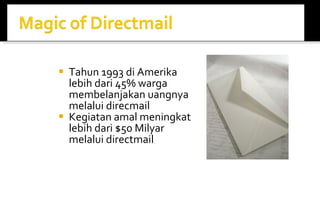 Tahun 1993 di Amerika lebih dari 45% warga membelanjakan uangnya melalui direcmail Kegiatan amal meningkat lebih dari $50 Milyar melalui directmail 