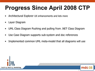 Progress Since April 2008 CTP Architectural Explorer  UX enhancements and lots more Layer Diagram UML Class Diagram Pushing and pulling from .NET Class Diagram Use Case Diagram supports sub-system and doc references Implemented common UML meta-model that all diagrams will use 