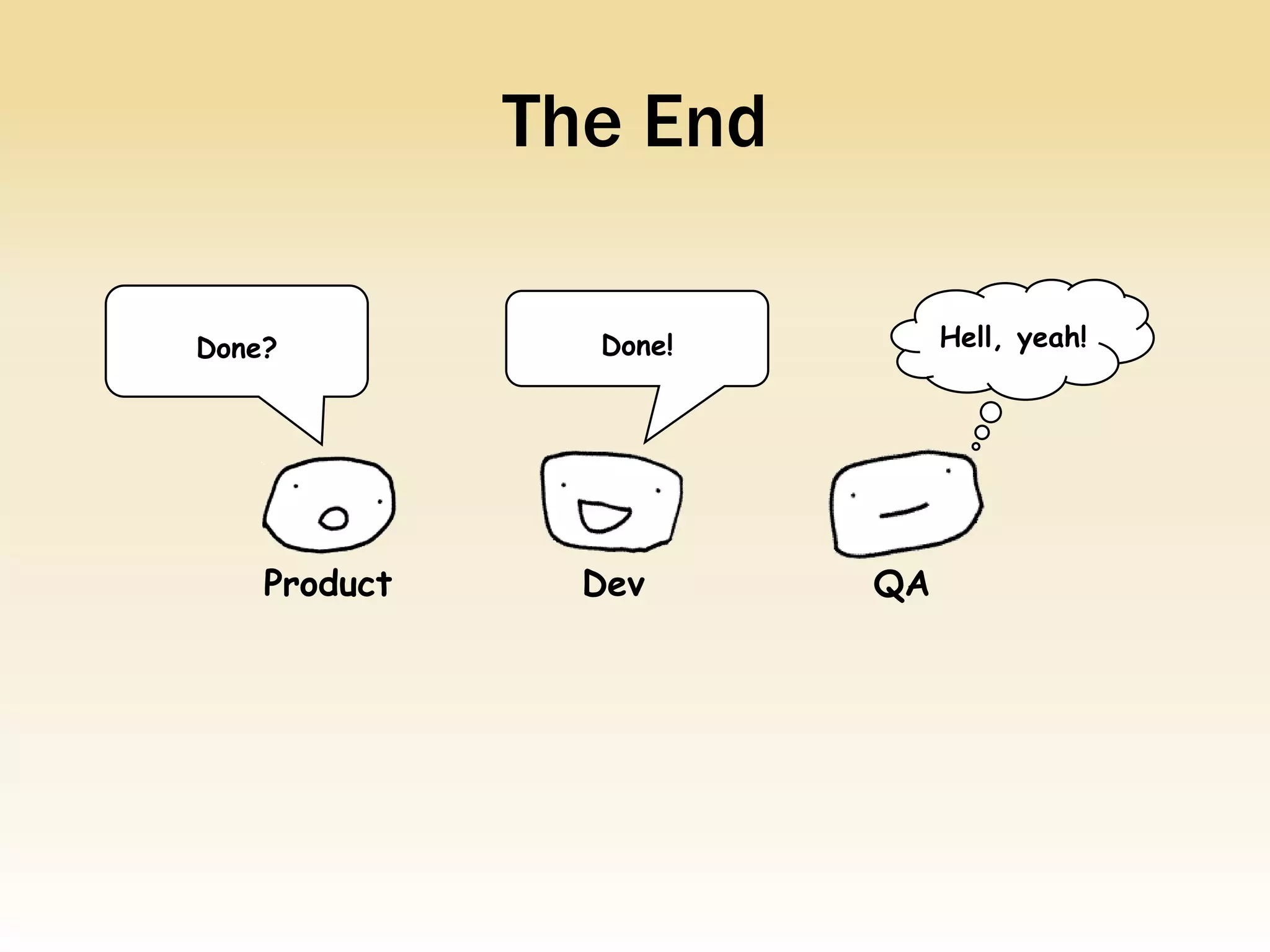 The End

Done?           Done!        Hell, yeah!




    Product     Dev     QA
 