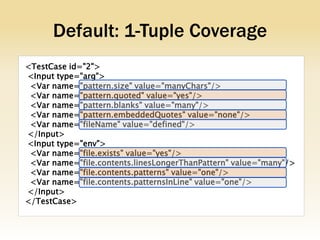 Default: 1-Tuple Coverage
<TestCase id="2">
<Input type="arg">
 <Var name="pattern.size" value="manyChars"/>
 <Var name="pattern.quoted" value="yes"/>
 <Var name="pattern.blanks" value="many"/>
 <Var name="pattern.embeddedQuotes" value="none"/>
 <Var name="fileName" value="defined"/>
</Input>
<Input type="env">
 <Var name="file.exists" value="yes"/>
 <Var name="file.contents.linesLongerThanPattern" value="many"/>
 <Var name="file.contents.patterns" value="one"/>
 <Var name="file.contents.patternsInLine" value="one"/>
</Input>
</TestCase>
 