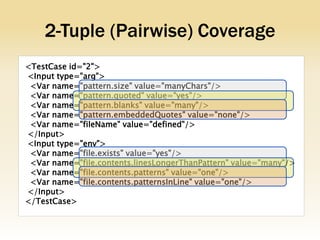 2-Tuple (Pairwise) Coverage
<TestCase id="2">
<Input type="arg">
 <Var name="pattern.size" value="manyChars"/>
 <Var name="pattern.quoted" value="yes"/>
 <Var name="pattern.blanks" value="many"/>
 <Var name="pattern.embeddedQuotes" value="none"/>
 <Var name="fileName" value="defined"/>
</Input>
<Input type="env">
 <Var name="file.exists" value="yes"/>
 <Var name="file.contents.linesLongerThanPattern" value="many"/>
 <Var name="file.contents.patterns" value="one"/>
 <Var name="file.contents.patternsInLine" value="one"/>
</Input>
</TestCase>
 