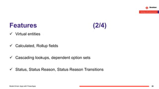 Features (2/4)
28Model-Driven Apps with PowerApps
 Virtual entities
 Calculated, Rollup fields
 Cascading lookups, dependent option sets
 Status, Status Reason, Status Reason Transitions
 