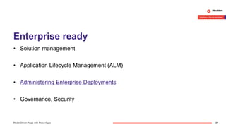 Enterprise ready
31Model-Driven Apps with PowerApps
• Solution management
• Application Lifecycle Management (ALM)
• Administering Enterprise Deployments
• Governance, Security
 