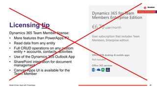 Licensing tip
Dynamics 365 Team Member license:
• More features than PowerApps P2
• Read data from any entity
• Full CRUD operations on any custom
entity + accounts, contacts, activities
• Use of the Dynamics 365 Outlook App
• SharePoint integration for document
management
• Canvas Apps UI is available for the
Team Member
41Model-Driven Apps with PowerApps
 