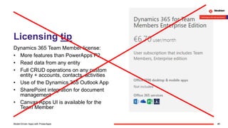 Licensing tip
Dynamics 365 Team Member license:
• More features than PowerApps P2
• Read data from any entity
• Full CRUD ...