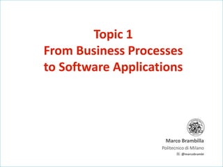 Topic 1
From Business Processes
to Software Applications

Marco Brambilla
Politecnico di Milano
@marcobrambi

 