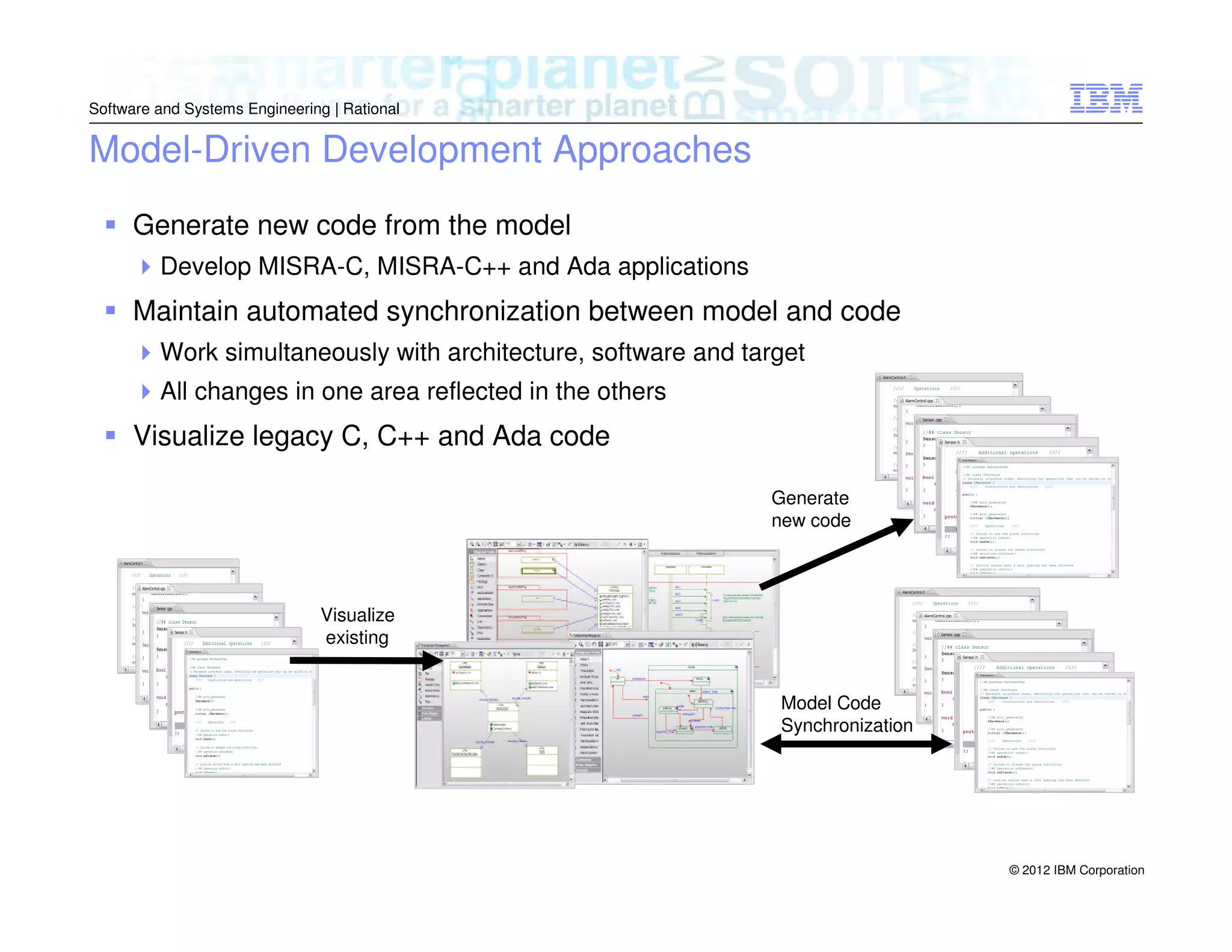 Software and Systems Engineering | Rational

Model-Driven Development Approaches
Generate new code from the model
Develop MISRA-C, MISRA-C++ and Ada applications

Maintain automated synchronization between model and code
Work simultaneously with architecture, software and target
All changes in one area reflected in the others

Visualize legacy C, C++ and Ada code
Generate
new code

Visualize
existing
Model Code
Synchronization

© 2012 IBM Corporation

 