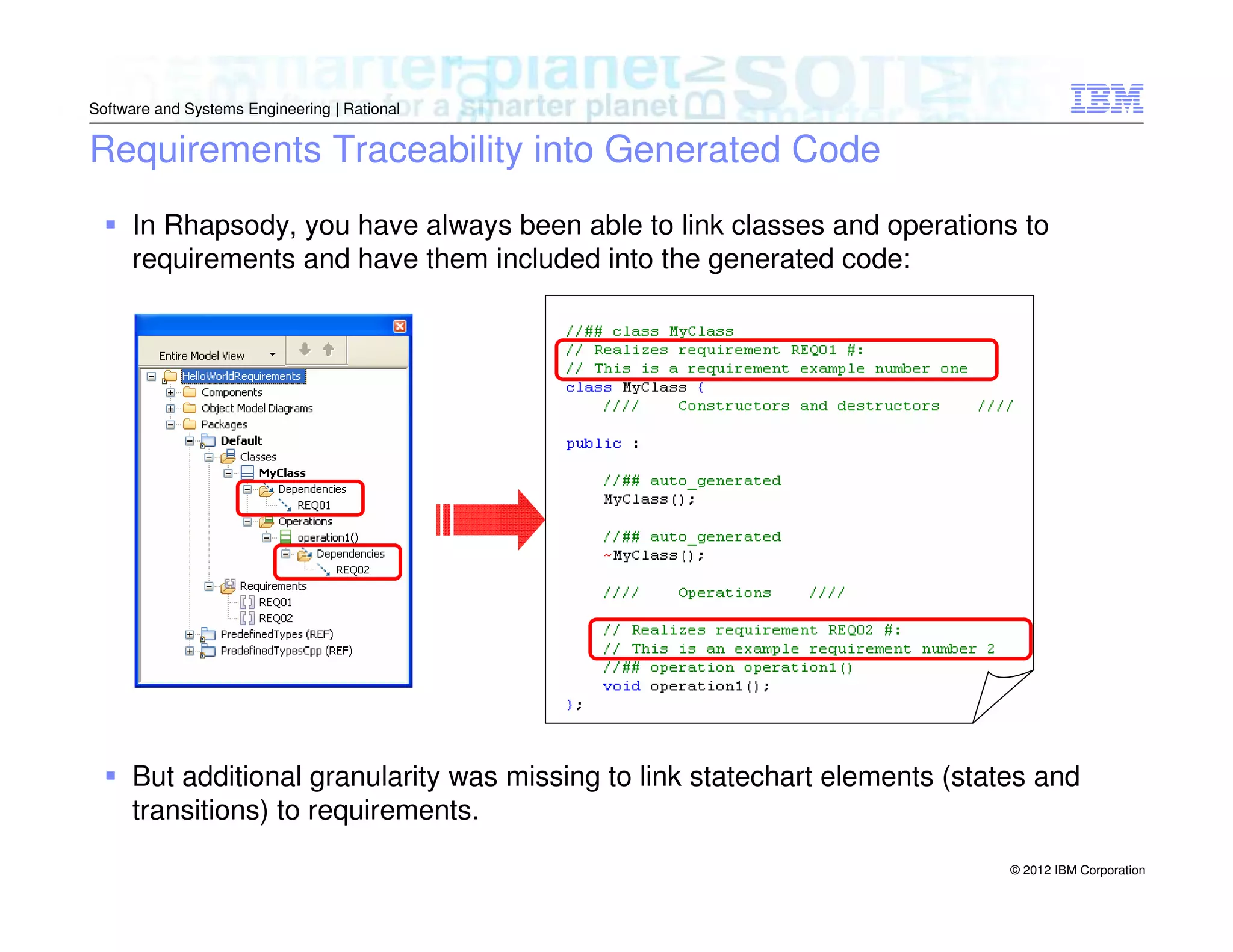 Software and Systems Engineering | Rational

Requirements Traceability into Generated Code
In Rhapsody, you have always been able to link classes and operations to
requirements and have them included into the generated code:

But additional granularity was missing to link statechart elements (states and
transitions) to requirements.
© 2012 IBM Corporation

 