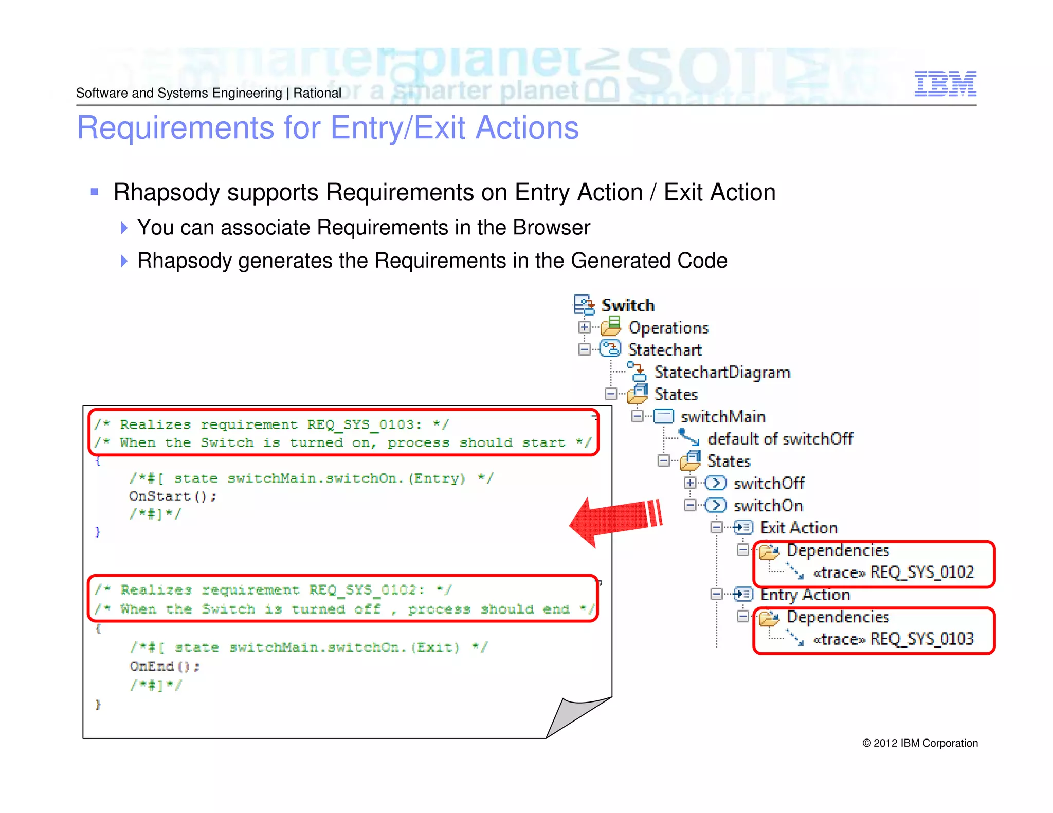 Software and Systems Engineering | Rational

Requirements for Entry/Exit Actions
Rhapsody supports Requirements on Entry Action / Exit Action
You can associate Requirements in the Browser
Rhapsody generates the Requirements in the Generated Code

© 2012 IBM Corporation

 