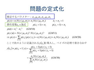 問題の定式化
 
 
 
)30(
),|(
),|(
)1|()1(
)1|()1(
)|1(
)20(),|(),|()|()()(
)11(),|(),|()|(
)10()(
)1()1(1,0
1),|(),|()(
,,,,,
2,1
j
k
2,1
222111
2,1
2211
21
2211
21222111
222111
21
21
GM
xN
xN
zxpzp
zxpzp
xzpz
z
GMxNxNzxpzpxp
GMxNxNxp
GMp
zpzpz
xNxNxp
j
jj
kk
k
kk
kk
kk
k
k
kk
zz
zz
k

























理で書きなおすを導入し、ベイズの定されるここで次のように定義
潜在変数
推定するパラメター：
z
z
 