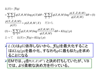 )||()(
)||(d
),,(
)|,,(
log),,()1(
)|,,(
)(
),,,(
)1(d
),,(
),,,(
log),,(d)(log),,(
)(
pqKL(q)XL
pqKL
MZq
XMZp
MZq
XMZp
Xp
MZXp
MZq
MZXp
MZqXpMZq
(q)XL
M Z
M ZM Z







F
F
よって
だから










 L（X)はqに依存しないから、F(q)を最大化すること
はKL(q||p)を最小化、すなわちpに最も似たqを求め
ることになる
 EMでは、qを と決め打ちしていたが、VB
では、より柔軟な決め方を行っている。
)|,( )(t
ZXP 
 