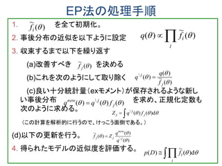 EP法の処理手順
)(
~
if1. を全て初期化。
2. 事後分布の近似を以下ように設定
3. 収束するまで以下を繰り返す
(a)改善すべき を決める
(b)これを次のようにして取り除く
(c)良い十分統計量（exモメント）が保存されるような新し
い事後分布 を求め、正規化定数も
次のように求める。
（この計算を解析的に行うので、けっこう面倒である。）
(d)以下の更新を行う。
4. 得られたモデルの近似度を評価する。

i
ifq )(
~
)( 
)(
~
jf
)(
~
)(
)(



j
j
f
q
q 
)()()( 
 j
jnew
fqq 
 d)()(
j
j
j fqZ 
)(
)(
)(
~



 j
new
jj
q
q
Zf 
 d)(
~
)( 
i
ifDp
 
