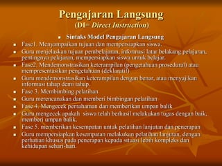Pengajaran Langsung
(DI= Direct Instruction)
 Sintaks Model Pengajaran Langsung
 Fase1. Menyampaikan tujuan dan mempersiapkan siswa.
 Guru menjelaskan tujuan pembelajaran, informasi latar belakang pelajaran,
pentingnya pelajaran, mempersiapkan siswa untuk belajar.
 Fase2. Mendemonstrasikan keterampilan (pengetahuan prosedural) atau
mempresentasikan pengetahuan (deklaratif)
 Guru mendemonstrasikan keterampilan dengan benar, atau menyajikan
informasi tahap demi tahap.
 Fase 3. Membimbing pelatihan
 Guru merencanakan dan memberi bimbingan pelatihan
 Fase 4. Mengecek pemahaman dan memberikan umpan balik
 Guru mengecek apakah siswa telah berhasil melakukan tugas dengan baik,
memberi umpan balik.
 Fase 5. memberikan kesempatan untuk pelatihan lanjutan dan penerapan
 Guru mempersiapkan kesempatan melakukan pelatihan lanjutan, dengan
perhatian khusus pada penerapan kepada situasi lebih kompleks dan
kehidupan sehari-hari.
 