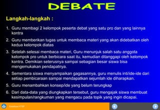 Sosialisasi KTSP
Langkah-langkah :
1. Guru membagi 2 kelompok peserta debat yang satu pro dan yang lainnya
kontra
2. Guru memberikan tugas untuk membaca materi yang akan didebatkan oleh
kedua kelompok diatas
3. Setelah selesai membaca materi, Guru menunjuk salah satu anggota
kelompok pro untuk berbicara saat itu, kemudian ditanggapi oleh kelompok
kontra. Demikian seterusnya sampai sebagian besar siswa bisa
mengemukakan pendapatnya.
4. Sementara siswa menyampaikan gagasannya, guru menulis inti/ide-ide dari
setiap pembicaraan sampai mendapatkan sejumlah ide diharapkan.
5. Guru menambahkan konsep/ide yang belum terungkap
6. Dari data-data yang diungkapkan tersebut, guru mengajak siswa membuat
kesimpulan/rangkuman yang mengacu pada topik yang ingin dicapai.
 