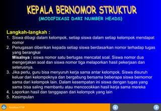 Sosialisasi KTSP
(MODIFIKASI DARI NUMBER HEADS)(MODIFIKASI DARI NUMBER HEADS)
Langkah-langkah :
1. Siswa dibagi dalam kelompok, setiap siswa dalam setiap kelompok mendapat
nomor
2. Penugasan diberikan kepada setiap siswa berdasarkan nomor terhadap tugas
yang berangkai
Misalnya : siswa nomor satu bertugas mencatat soal. Siswa nomor dua
mengerjakan soal dan siswa nomor tiga melaporkan hasil pekerjaan dan
seterusnya.
3. Jika perlu, guru bisa menyuruh kerja sama antar kelompok. Siswa disuruh
keluar dari kelompoknya dan bergabung bersama beberapa siswa bernomor
sama dari kelompok lain. Dalam kesempatan ini siswa dengan tugas yang
sama bisa saling membantu atau mencocokkan hasil kerja sama mereka
4. Laporkan hasil dan tanggapan dari kelompok yang lain
5. Kesimpulan
 