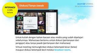 Diskusi/Tanya-Jawab
Untuk kuliah dengan bahan bacaan atau media yang sudah dipelajari
sebelumnya. Mahasiswa bertemu untuk diskusi (pertanyaan dari
pengajar) atau tanya-jawab (pertanyaan dari mahasiwa)
Virtual meeting memungkinkan diskusi kelompok besar (kelas)
maupun diskusi kelompok kecil melalui breakout rooms.
TUTORIAL
bit.ly/zbreakoutrooms
INTERAKSI
0-50%
lecture
 