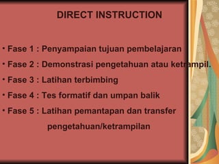 DIRECT INSTRUCTION Fase 1 : Penyampaian tujuan pembelajaran Fase 2 : Demonstrasi pengetahuan atau ketrampil. Fase 3 : Latihan terbimbing Fase 4 : Tes formatif dan umpan balik Fase 5 : Latihan pemantapan dan transfer  pengetahuan/ketrampilan 