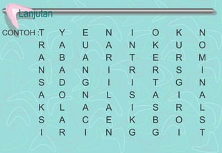 Lanjutan
CONTOH :T Y E N I O K N
R A U A N K U O
A B A R T E R M
N A N I R R S I
S D G I I T G N
A O N L S A I A
K L A A I S R L
S A C E K B O S
I R I N G G I T
 
