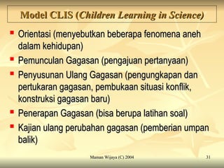 Maman Wijaya (C) 2004
Maman Wijaya (C) 2004 31
31
Model CLIS (
Model CLIS (Children Learning in Science)
Children Learning in Science)

Orientasi (menyebutkan beberapa fenomena aneh
Orientasi (menyebutkan beberapa fenomena aneh
dalam kehidupan)
dalam kehidupan)

Pemunculan Gagasan (pengajuan pertanyaan)
Pemunculan Gagasan (pengajuan pertanyaan)

Penyusunan Ulang Gagasan (pengungkapan dan
Penyusunan Ulang Gagasan (pengungkapan dan
pertukaran gagasan, pembukaan situasi konflik,
pertukaran gagasan, pembukaan situasi konflik,
konstruksi gagasan baru)
konstruksi gagasan baru)

Penerapan Gagasan (bisa berupa latihan soal)
Penerapan Gagasan (bisa berupa latihan soal)

Kajian ulang perubahan gagasan (pemberian umpan
Kajian ulang perubahan gagasan (pemberian umpan
balik)
balik)
 