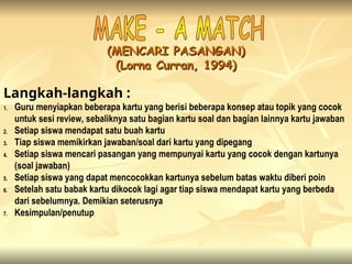 (MENCARI PASANGAN)
(MENCARI PASANGAN)
(Lorna Curran, 1994)
(Lorna Curran, 1994)
Langkah-langkah :
1. Guru menyiapkan beberapa kartu yang berisi beberapa konsep atau topik yang cocok
untuk sesi review, sebaliknya satu bagian kartu soal dan bagian lainnya kartu jawaban
2. Setiap siswa mendapat satu buah kartu
3. Tiap siswa memikirkan jawaban/soal dari kartu yang dipegang
4. Setiap siswa mencari pasangan yang mempunyai kartu yang cocok dengan kartunya
(soal jawaban)
5. Setiap siswa yang dapat mencocokkan kartunya sebelum batas waktu diberi poin
6. Setelah satu babak kartu dikocok lagi agar tiap siswa mendapat kartu yang berbeda
dari sebelumnya. Demikian seterusnya
7. Kesimpulan/penutup
 