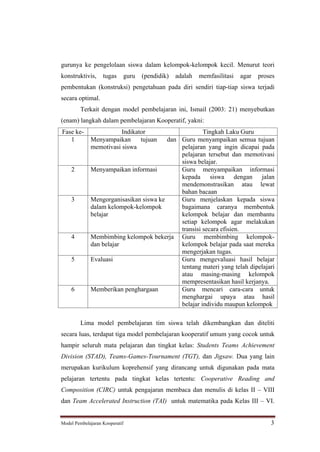 gurunya ke pengelolaan siswa dalam kelompok-kelompok kecil. Menurut teori
konstruktivis,     tugas    guru   (pendidik)   adalah   memfasilitasi   agar   proses
pembentukan (konstruksi) pengetahuan pada diri sendiri tiap-tiap siswa terjadi
secara optimal.
         Terkait dengan model pembelajaran ini, Ismail (2003: 21) menyebutkan
(enam) langkah dalam pembelajaran Kooperatif, yakni:
Fase ke-                Indikator                    Tingkah Laku Guru
   1         Menyampaikan      tujuan   dan Guru menyampaikan semua tujuan
             memotivasi siswa               pelajaran yang ingin dicapai pada
                                            pelajaran tersebut dan memotivasi
                                            siswa belajar.
    2        Menyampaikan informasi         Guru menyampaikan informasi
                                            kepada siswa dengan jalan
                                            mendemonstrasikan atau lewat
                                            bahan bacaan
    3        Mengorganisasikan siswa ke     Guru menjelaskan kepada siswa
             dalam kelompok-kelompok        bagaimana caranya membentuk
             belajar                        kelompok belajar dan membantu
                                            setiap kelompok agar melakukan
                                            transisi secara efisien.
    4        Membimbing kelompok bekerja Guru membimbing kelompok-
             dan belajar                    kelompok belajar pada saat mereka
                                            mengerjakan tugas.
    5        Evaluasi                       Guru mengevaluasi hasil belajar
                                            tentang materi yang telah dipelajari
                                            atau masing-masing kelompok
                                            mempresentasikan hasil kerjanya.
    6        Memberikan penghargaan         Guru mencari cara-cara untuk
                                            menghargai upaya atau hasil
                                            belajar individu maupun kelompok

         Lima model pembelajaran tim siswa telah dikembangkan dan diteliti
secara luas, terdapat tiga model pembelajaran kooperatif umum yang cocok untuk
hampir seluruh mata pelajaran dan tingkat kelas: Students Teams Achievement
Division (STAD), Teams-Games-Tournament (TGT), dan Jigsaw. Dua yang lain
merupakan kurikulum koprehensif yang dirancang untuk digunakan pada mata
pelajaran tertentu pada tingkat kelas tertentu: Cooperative Reading and
Composition (CIRC) untuk pengajaran membaca dan menulis di kelas II              VIII
dan Team Accelerated Instruction (TAI) untuk matematika pada Kelas III            VI.


Model Pembelajaran Kooperatif                                                       3
 