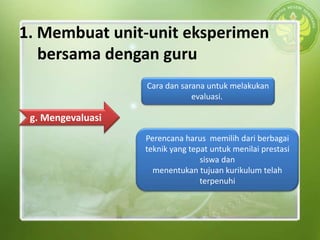 1. Membuat unit-unit eksperimen
bersama dengan guru
g. Mengevaluasi
Cara dan sarana untuk melakukan
evaluasi.
Perencana harus memilih dari berbagai
teknik yang tepat untuk menilai prestasi
siswa dan
menentukan tujuan kurikulum telah
terpenuhi
 