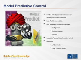 Model Predictive Control Handles difficult process dynamics, reduces variability and protects constraints Easy, Fast, Implementation  Fully embedded, no integration required Configuration Operator Displays Historian Scaleable, Practical Model Predictive Control PredictPro LP Optimization Large Problems (80x40) 