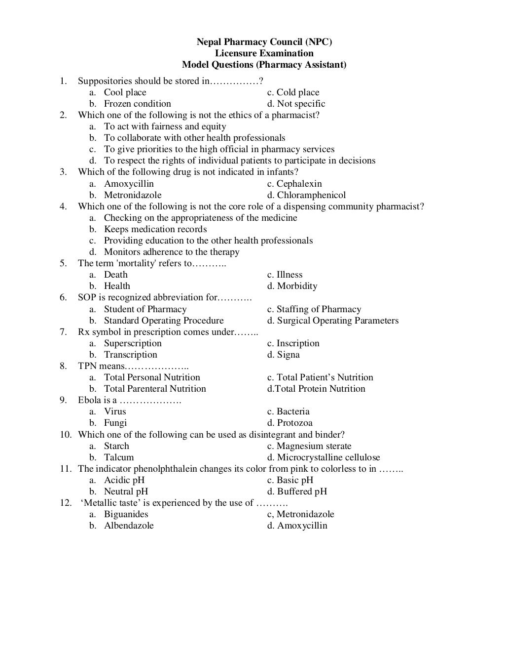 Model questions for Diploma Pharmacy Assistant