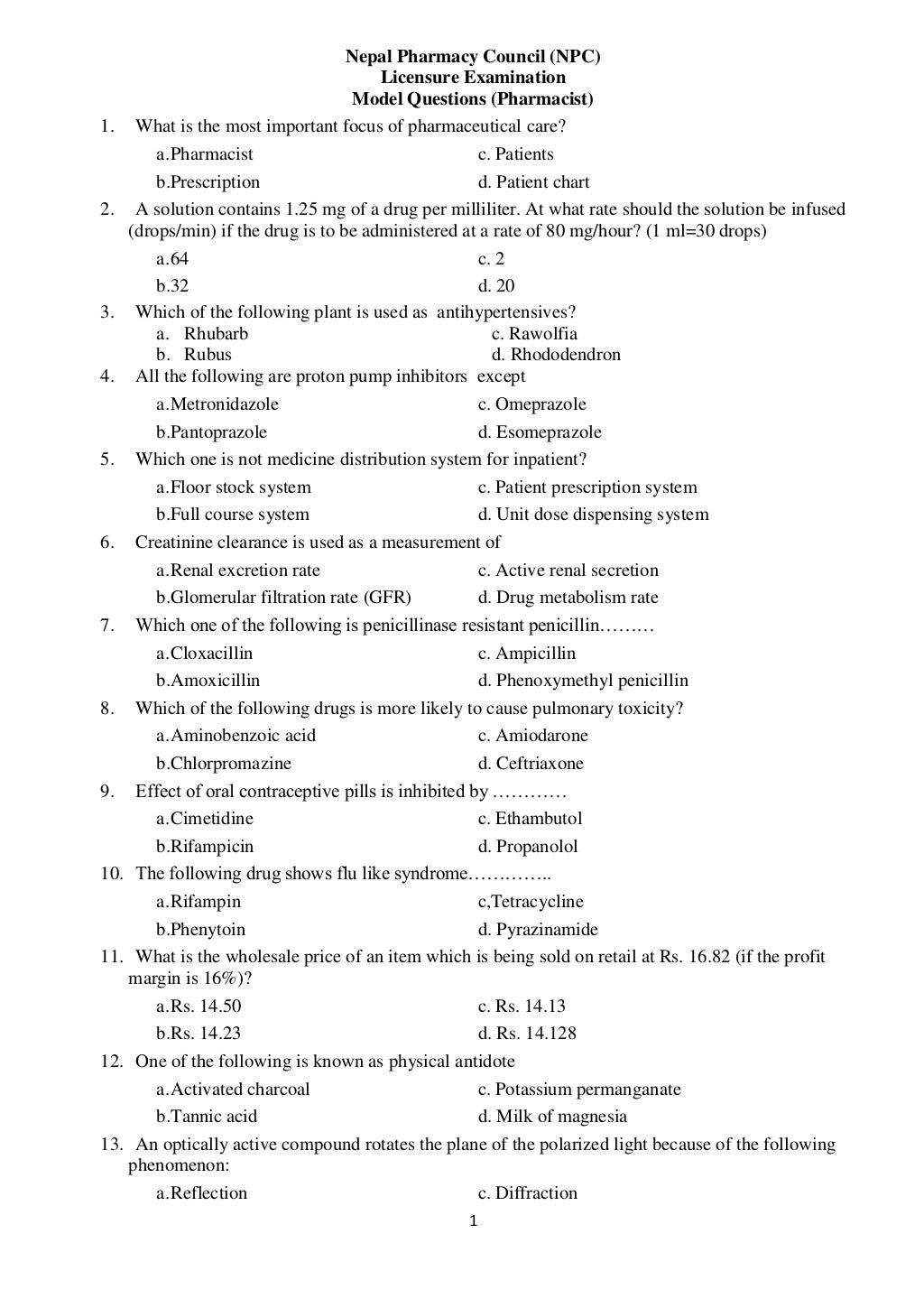 Model questions for Graduate Pharmacy Student
