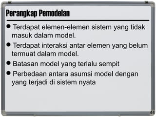 Perangkap Pemodelan
Terdapat elemen-elemen sistem yang tidak
masuk dalam model.
Terdapat interaksi antar elemen yang belum
termuat dalam model.
Batasan model yang terlalu sempit
Perbedaan antara asumsi model dengan
yang terjadi di sistem nyata
44
 