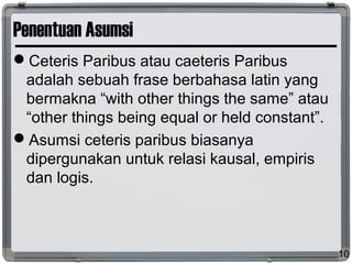 Penentuan Asumsi
Ceteris Paribus atau caeteris Paribus
adalah sebuah frase berbahasa latin yang
bermakna “with other things the same” atau
“other things being equal or held constant”.
Asumsi ceteris paribus biasanya
dipergunakan untuk relasi kausal, empiris
dan logis.
10
 
