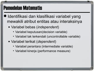 Pemodelan Matematis
Identifikasi dan klasifikasi variabel yang
mewakili atribut entitas atau interaksinya
• Variabel bebas (independent)
• Variabel keputusan(decision variable)
• Variabel tak terkendali (uncontrollable variable)
• Variabel terikat (dependent)
• Variabel perantara (intermediate variable)
• Variabel kinerja (performance measure)
15
 