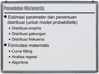 Pemodelan Matematis
Estimasi parameter dan penentuan
distribusi (untuk model probabilistik)
• Distribusi empiris
• Distribusi gabungan
• Distribusi frekuensi
Formulasi matematis
• Curve fitting
• Analisa regresi
• Algoritma
16
 