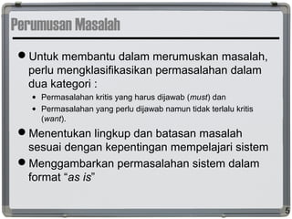 Perumusan Masalah
Untuk membantu dalam merumuskan masalah,
perlu mengklasifikasikan permasalahan dalam
dua kategori :
• Permasalahan kritis yang harus dijawab (must) dan
• Permasalahan yang perlu dijawab namun tidak terlalu kritis
(want).
Menentukan lingkup dan batasan masalah
sesuai dengan kepentingan mempelajari sistem
Menggambarkan permasalahan sistem dalam
format “as is”
5
 