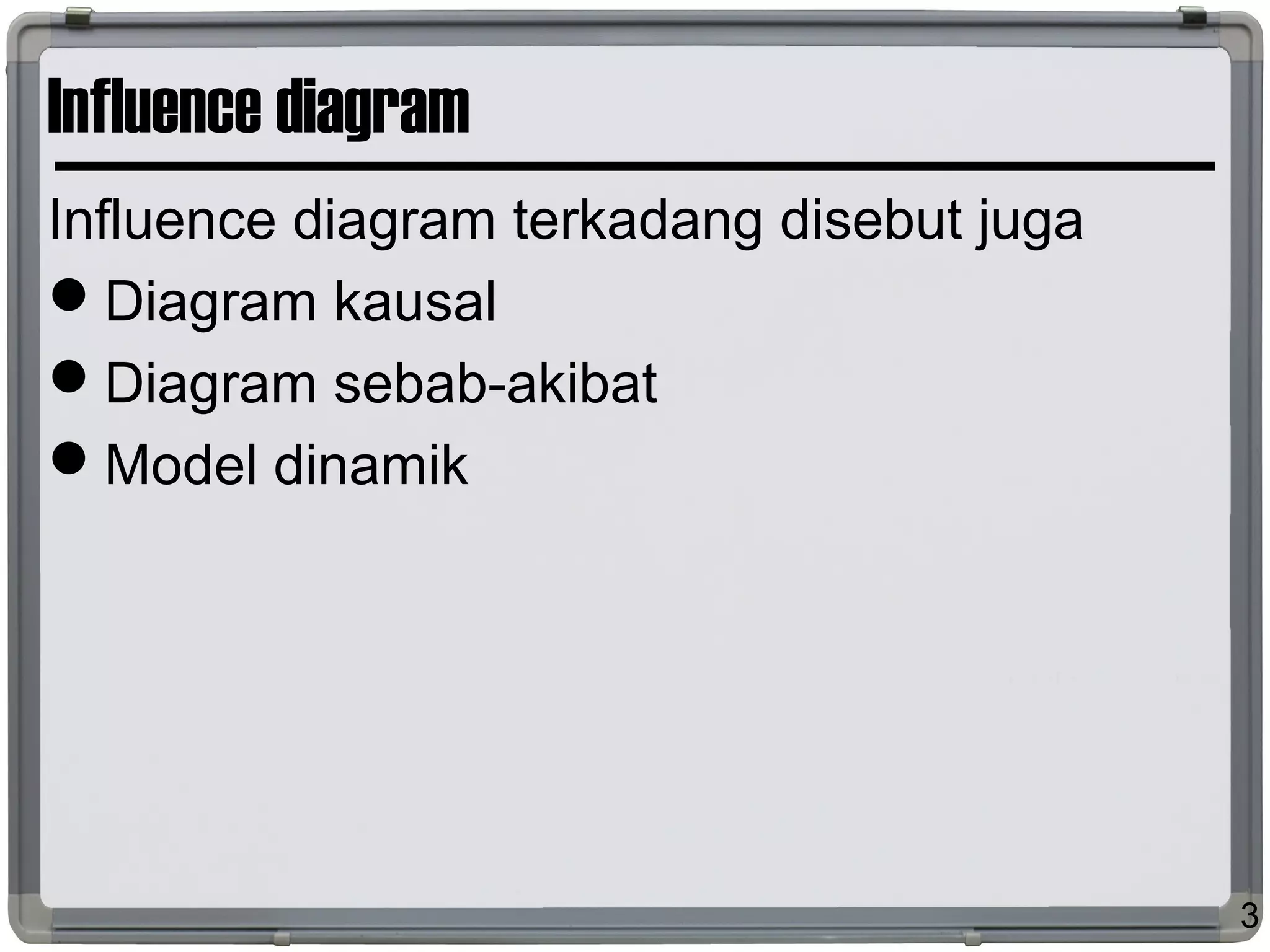 Influence diagram
Influence diagram terkadang disebut juga
Diagram kausal
Diagram sebab-akibat
Model dinamik
3
 