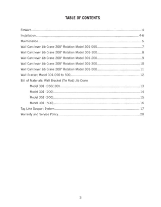 3
Forward...................................................................................................................... 4
Installation.............................................................................................................. 4-6
Maintenance...............................................................................................................6
Wall Cantilever Jib Crane 200° Rotation Model 301-050................................................7
Wall Cantilever Jib Crane 200° Rotation Model 301-100................................................8
Wall Cantilever Jib Crane 200° Rotation Model 301-200................................................9
Wall Cantilever Jib Crane 200° Rotation Model 301-300..............................................10
Wall Cantilever Jib Crane 200° Rotation Model 301-500..............................................11
Wall Bracket Model 301-050 to 500.......................................................................... 12
Bill of Materials: Wall Bracket (Tie Rod) Jib Crane
Model 301 (050/100)......................................................................................13
Model 301 (200).............................................................................................14
Model 301 (300).............................................................................................15
Model 301 (500).............................................................................................16
Tag Line Support System........................................................................................... 17
Warranty and Service Policy........................................................................................20
TABLE OF CONTENTS
 