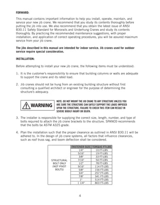 4
FORWARD:
This manual contains important information to help you install, operate, maintain, and
service your new jib crane. We recommend that you study its contents thoroughly before
putting the jib into use. We also recommend that you obtain the latest issue of ANSI
B30.11 Safety Standard for Monorails and Underhung Cranes and study its contents
thoroughly. By practicing the recommended maintenance suggestions, with proper
installation, and application of correct operating procedures, you will be assured maximum
service from your jib crane.
The jibs described in this manual are intended for indoor service. Jib cranes used for outdoor
service require special consideration.
INSTALLATION:
Before attempting to install your new jib crane, the following items must be understood:
1. It is the customer’s responsibility to ensure that building columns or walls are adequate
to support the crane and its rated load.
2. Jib cranes should not be hung from an existing building structure without first
consulting a qualified architect or engineer for the purpose of determining the
structure’s adequacy.
3. The installer is responsible for supplying the correct size, length, number, and type of
bolts required to attach the jib crane brackets to the structure. SPANCO recommends
that the bolts be ASTM A325 grade.
4. Plan the installation such that the proper clearance as outlined in ANSI B30.11 will be
adhered to. In the design of jib crane systems, all factors that influence clearances,
such as roof truss sag, and boom deflection shall be considered.
NOTE: DO NOT MOUNT THE JIB CRANE TO ANY STRUCTURE UNLESS YOU
ARE SURE THE STRUCTURE CAN SAFELY SUPPORT THE LOADS IMPOSED
UPON THE STRUCTURE. FAILURE TO CHECK THIS ITEM CAN RESULT IN
SEVERE BODILY INJURY OR DEATH.
rWARNING!
 