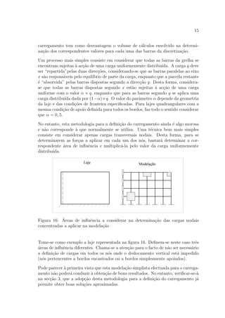 15
carregamento tem como desvantagem o volume de c´alculos envolvido na determi-
na¸c˜ao dos correspondentes valores para cada uma das barras da discretiza¸c˜ao.
Um processo mais simples consiste em considerar que todas as barras da grelha se
encontram sujeitas `a ac¸c˜ao de uma carga uniformemente distribu´ıda. A carga q deve
ser “repartida”pelas duas direc¸c˜oes, considerando-se que as barras paralelas ao eixo
x s˜ao respons´aveis pelo equil´ıbrio de parte da carga, enquanto que a parcela restante
´e “absorvida” pelas barras dispostas segundo a direc¸c˜ao y. Desta forma, considera-
se que todas as barras dispostas segundo x est˜ao sujeitas `a ac¸c˜ao de uma carga
uniforme com o valor α × q, enquanto que para as barras segundo y se aplica uma
carga distribu´ıda dada por (1−α)×q. O valor do parˆametro α depende da geometria
da laje e das condi¸c˜oes de fronteira especiﬁcadas. Para lajes quadrangulares com a
mesma condi¸c˜ao de apoio deﬁnida para todos os bordos, faz todo o sentido considerar
que α = 0, 5.
No entanto, esta metodologia para a deﬁni¸c˜ao do carregamento ainda ´e algo morosa
e n˜ao corresponde `a que normalmente se utiliza. Uma t´ecnica bem mais simples
consiste em considerar apenas cargas transversais nodais. Desta forma, para se
determinarem as for¸cas a aplicar em cada um dos n´os, bastar´a determinar a cor-
respondente ´area de inﬂuˆencia e multiplic´a-la pelo valor da carga uniformemente
distribu´ıda.
Figura 16: ´Areas de inﬂuˆencia a considerar na determina¸c˜ao das cargas nodais
concentradas a aplicar na modela¸c˜ao
Tome-se como exemplo a laje representada na ﬁgura 16. Deﬁnem-se neste caso trˆes
´areas de inﬂuˆencia diferentes. Chama-se a aten¸c˜ao para o facto de n˜ao ser necess´ario
a deﬁni¸c˜ao de cargas em todos os n´os onde o deslocamento vertical est´a impedido
(n´os pertencentes a bordos encastrados ou a bordos simplesmente apoiados).
Pode parecer `a primeira vista que esta modela¸c˜ao simplista efectuada para o carrega-
mento n˜ao poder´a conduzir `a obten¸c˜ao de bons resultados. No entanto, veriﬁcar-se-`a
na sec¸c˜ao 3, que a adop¸c˜ao desta metodologia para a deﬁni¸c˜ao do carregamento j´a
permite obter boas solu¸c˜oes aproximadas.
 