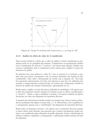 21
0 1 2 3 4 5 6
0
0.2
0.4
0.6
0.8
1
x 10
−3
Campo de deslocamentos w, ao longo de AB
Solução exacta
Modelação com J "correcto"
Figura 22: Campo de deslocamentos transversais, w, ao longo de AB
3.1.3 An´alise do efeito do valor de J considerado
Nesta sec¸c˜ao estuda-se o efeito que o valor da rigidez `a tor¸c˜ao considerada na mo-
dela¸c˜ao pode ter na qualidade das solu¸c˜oes. Comparam-se as aproxima¸c˜oes obtidas
com a considera¸c˜ao do valor de J “correcto” com outras duas solu¸c˜oes, obtidas com
recurso a modela¸c˜oes onde se consideram outros valores para a rigidez `a tor¸c˜ao dos
elementos de grelha.
No primeiro dos casos utiliza-se o valor de J que se tomaria se se estivesse a ana-
lisar uma pe¸ca linear exactamente com as mesmas dimens˜oes das bandas de laje
consideradas. Esse valor ´e determinado de acordo com a equa¸c˜ao (4). Tal como
foi comentado anteriormente, tal valor ser´a superior ao que deve ser utilizado para
modelar o comportamento `a tor¸c˜ao da laje, de acordo com a informa¸c˜ao contida no
formato de rigidez das rela¸c˜oes constitutivas, apresentadas em (1).
Sendo maior a rigidez `a tor¸c˜ao das barras utilizadas na modela¸c˜ao, ´e de esperar que
o valor dos momentos torsores aumente em rela¸c˜ao ao que se obteve considerando o
J “correcto”. Sendo a carga a equilibrar a mesma, ´e de esperar tamb´em um ligeiro
decr´escimo no valor dos diagramas de momentos ﬂectores.
A segunda das alternativas testadas consiste em assumir que todas as barras utiliza-
das na modela¸c˜ao tˆem rigidez `a tor¸c˜ao nula, J = 0. Desta forma, est´a a equilibrar-se
o carregamento apenas com a “contribui¸c˜ao” dos diagramas de momentos ﬂectores.
Sendo nulos os momentos torsores, ´e de esperar que os momentos ﬂectores passem
a tomar valores mais elevados, para garantir que o mesmo carregamento ainda con-
tinua a ser equilibrado pelos elementos de grelha dispostos. Como a distribui¸c˜ao de
esfor¸cos continua a equilibrar o carregamento, a informa¸c˜ao obtida continua do lado
da seguran¸ca.
 