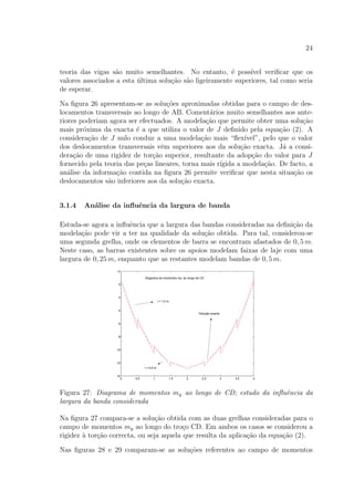 24
teoria das vigas s˜ao muito semelhantes. No entanto, ´e poss´ıvel veriﬁcar que os
valores associados a esta ´ultima solu¸c˜ao s˜ao ligeiramente superiores, tal como seria
de esperar.
Na ﬁgura 26 apresentam-se as solu¸c˜oes aproximadas obtidas para o campo de des-
locamentos transversais ao longo de AB. Coment´arios muito semelhantes aos ante-
riores poderiam agora ser efectuados. A modela¸c˜ao que permite obter uma solu¸c˜ao
mais pr´oxima da exacta ´e a que utiliza o valor de J deﬁnido pela equa¸c˜ao (2). A
considera¸c˜ao de J nulo conduz a uma modela¸c˜ao mais “ﬂex´ıvel”, pelo que o valor
dos deslocamentos transversais vˆem superiores aos da solu¸c˜ao exacta. J´a a consi-
dera¸c˜ao de uma rigidez de tor¸c˜ao superior, resultante da adop¸c˜ao do valor para J
fornecido pela teoria das pe¸cas lineares, torna mais r´ıgida a modela¸c˜ao. De facto, a
an´alise da informa¸c˜ao contida na ﬁgura 26 permite veriﬁcar que nesta situa¸c˜ao os
deslocamentos s˜ao inferiores aos da solu¸c˜ao exacta.
3.1.4 An´alise da inﬂuˆencia da largura de banda
Estuda-se agora a inﬂuˆencia que a largura das bandas consideradas na deﬁni¸c˜ao da
modela¸c˜ao pode vir a ter na qualidade da solu¸c˜ao obtida. Para tal, considerou-se
uma segunda grelha, onde os elementos de barra se encontram afastados de 0, 5 m.
Neste caso, as barras existentes sobre os apoios modelam faixas de laje com uma
largura de 0, 25 m, enquanto que as restantes modelam bandas de 0, 5 m.
0 0.5 1 1.5 2 2.5 3 3.5 4
−2
0
2
4
6
8
10
12
14
Diagrama de momentos my, ao longo de CD
Solução exacta
l = 1,0 m
l = 0,5 m
Figura 27: Diagrama de momentos my ao longo de CD; estudo da inﬂuˆencia da
largura da banda considerada
Na ﬁgura 27 compara-se a solu¸c˜ao obtida com as duas grelhas consideradas para o
campo de momentos my ao longo do tro¸co CD. Em ambos os casos se considerou a
rigidez `a tor¸c˜ao correcta, ou seja aquela que resulta da aplica¸c˜ao da equa¸c˜ao (2).
Nas ﬁguras 28 e 29 comparam-se as solu¸c˜oes referentes ao campo de momentos
 