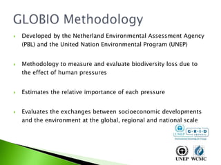 DevelopedbytheNetherlandEnvironmentalAssessmentAgency (PBL) and theUnitedNationEnvironmentalProgram (UNEP)Methodologytomeasure and evaluatebiodiversitylossduetotheeffect of humanpressuresEstimatestherelativeimportance of eachpressureEvaluatestheexchangesbetweensocioeconomicdevelopments and theenvironment at the global, regional and nationalscaleGLOBIO Methodology